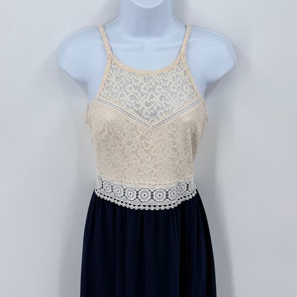 IZ Byer Women's Cream and Navy Long Lace Dress - Size S - Picture 2 of 9